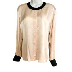 VNT ESCADA by Margaretha Ley Silk Blouse Peach Satin Black Collar Cuffs Size 6